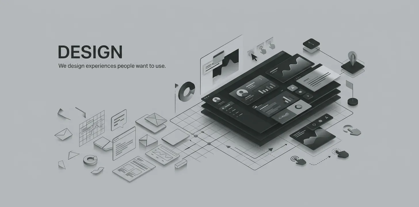 Design stage, covering the interface grid and responsive behaviour tested across multiple viewports.